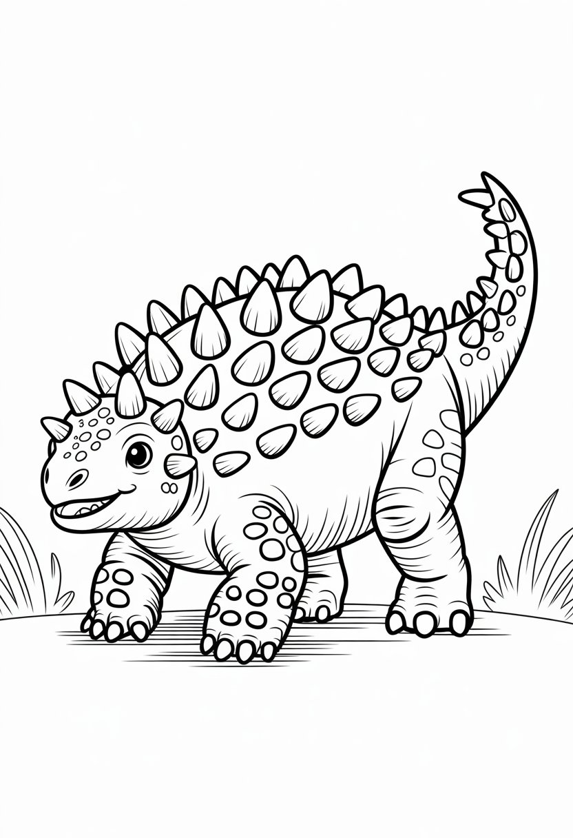 Cute Dinosaur Coloring Pages for Kids: 20 Fun and Easy Designs 30 A cute Ankylosaurus dinosaur with armored plates and spikes along its back and tail.